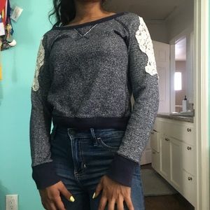 Blue long sleeve with white lace cut outs